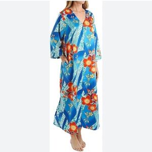 Natori Blue Mikoto Zip Front Kaftan Nightgown Dress - Medium 🌸